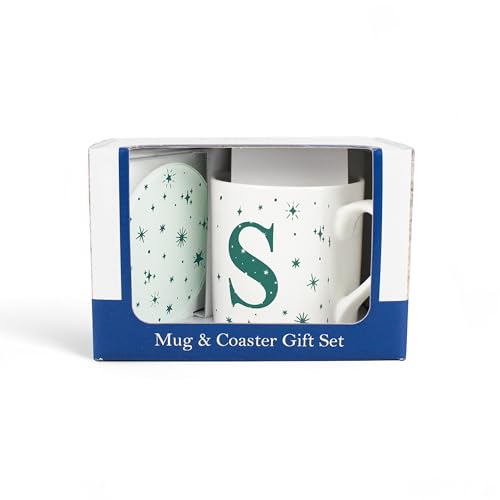 Purely Home Stars Letter S Mug & Coaster Gift Set - Teal Constellations Alphabet Initials Bone China Mug and Glass Coaster Set - Tea/Coffee Present