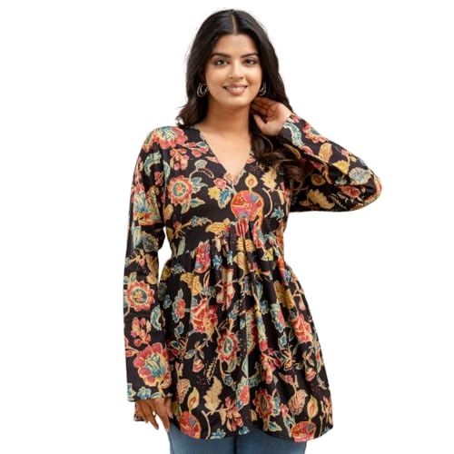 Image of LABEL ADRIJA Cotton V Neck Anarkali Short Kurti for Women Full Sleeve Floral Print | Short Kurtis for Women on Jeans