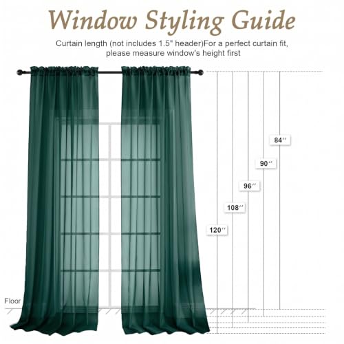 Image of Hunter Green Bedroom Curtains 2 Panel Sets 96 Inch Length, 59 Inch Extra Wide Light Filtering Voile Drapes Light Airy Window Drapes for Patio Door Living Room Bedroom Dining, 59Wx96L Inches