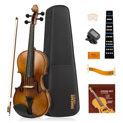 SONICAKE Violín 4/4 de Madera Maciza para Adultos Estuche Rígido, Soporte, Colofonia, Arcos, Afinador de Pinza y Cuerdas Extra QVL-01