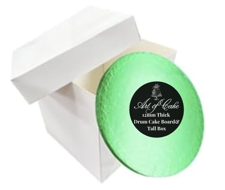Art of cake® Tall White Extra Deep Cake Box + Lid & Round Colour Cake Drum Board Combo Pack for High Celebration, Wedding, Birthday Cakes (Green, 14 Inc)