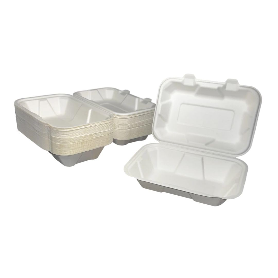 PBK Pack Of 50 Bagasse Large Box (9x6 Inch), 900ml, Biodegradable, Compostable And Disposable Takeaway Food Containers (9" x 6" - 50 Pack)