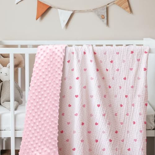 Image of SANDJEST Heart Minky Muslin & Dotted Blanket 30x40 in Gift for Holiday, Gender Reveal Party, Hospital Visit, Baptism