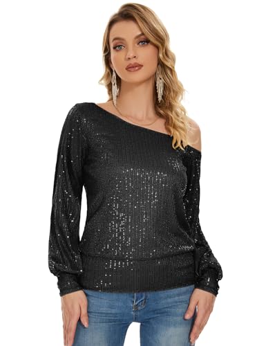 Genhoo Long Sleeve Sequin Tops for Women Off The Shoulder Glitter Sparkly Tops Dressy Party Shirts for Holiday Evening Party3