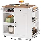 MAHANCRIS Kitchen Island with Power Outlet, Kitchen Storage Island with Drawer, Rolling Kitchen Cart on Wheels, Spice Rack, Towel Rack, Wine Rack, for Dining Room, White and Walnut KIBZ122E01