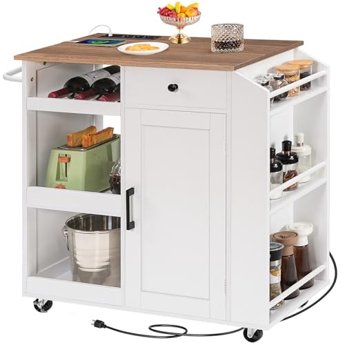 Kitchen Island with Power Outlet, Kitchen Storage Island with Drawer, Rolling Kitchen Cart on Wheels, Spice Rack, Towel Rack, Wine Rack, for Dining Room, White and Walnut KIBZ122E01