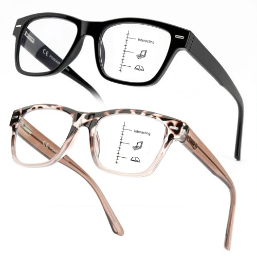 SKYOAK 2 Pack Trendy Progressive Multifocus Reading Glasses for Women, Retro Rectangle Frame Anti...