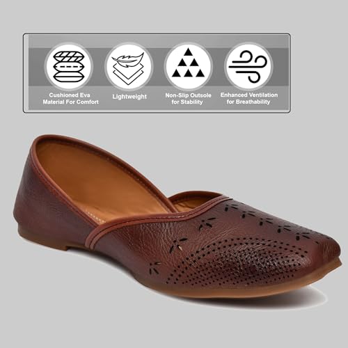Image of Duosoft Women's Leather Ballet Flats, Black Perforated Design, Comfort Cushioned Insole, Slip-On Style Bellies Dw-201-Tan