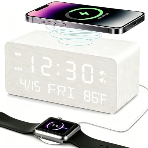 Andoolex Wooden Digital Alarm Clock with Wireless Charging for Bedroom Desk Clock with USB Charging Port Adjustable Brightness Dimmer and Alarm Volume Weekday/Weekend Mode Snooze 12/24H (White)