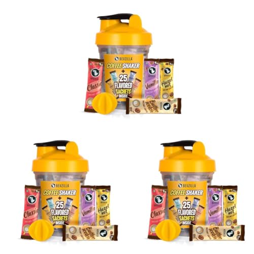 Image of Bevzilla 25 Assorted Instant Coffee Sachets & Bottle Pack | 2g Coffee Each Pouch | BPA Free Shaker 500 Ml For Office, School, Gym, College | Perfact For Espresso, Latte, Cappuccino | Enjoy Hot & Cold Brews