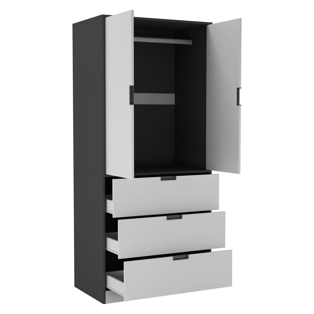 URBNLIVING Modern 2 Door Wardrobe with 3 Drawers & Hanging Rail, Stylish Freestanding Storage, Spacious Interior, Durable Chipboard Build, Easy to Assemble Bedroom Furniture