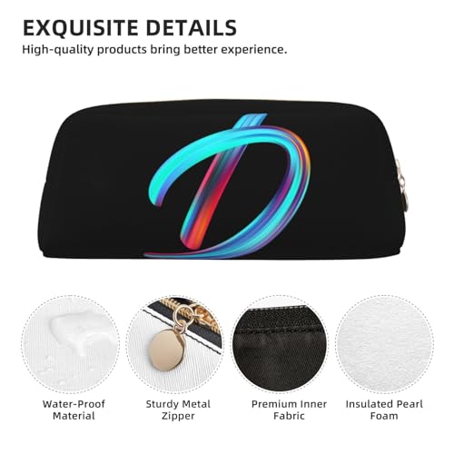 Image of Cute Initial Pencil Case for Kids Simple Leather Pencil Pouch for Boys Girls Letter Design Pencil Box Pen Bag Pencil Pouch Office Stationery Organizer, Rainbow Letter D