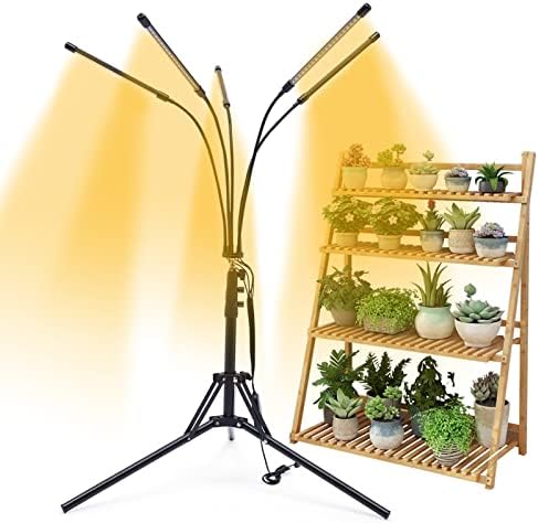 5-Head LED Grow Light with Tripod & Clip - 3 Lighting Modes, 4/8/12H Timer, 15.7-63in Adjustable Height, Full Spectrum for Indoor Plants/Greenhouse/Flower Cultivation (US Plug)