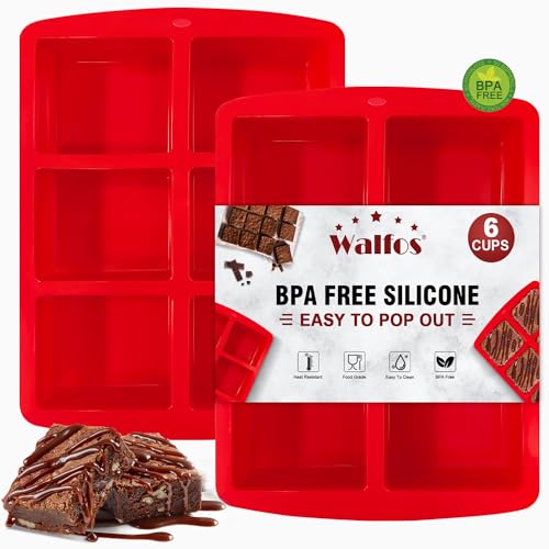 Walfos Mini Silicone Brownie Pan - 2 Piece 6-Cavity Non-stick Square Baking Pan, Perfect for Mini Brownies, Cornbread, Muffin and Cakes, BPA Free and Dishwasher Safe