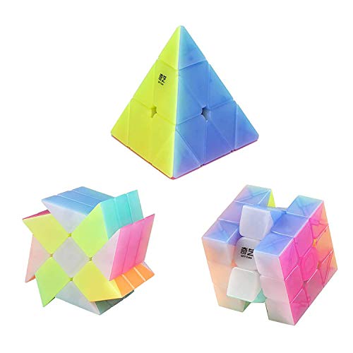SHUYUE Qiyi Jelly Speed Cube Set Qiyi Windmill Qiming Pyramid Cube 3x3x3 Warrior W 3x3 Stickerless Vivid Color Magic Cube Bundle Fast and Smooth Cube Puzzle Toys