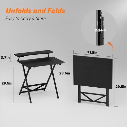 Image of WOHOMO Folding Computer Desk with Adjustable Height, 23.6 inch x 31.5 inch x 25.6 inch Foldable Table with Monitor Stand, Small Office Desk for Bedroom, Space Saving Desk for Home Office, Easy Assemble, Black