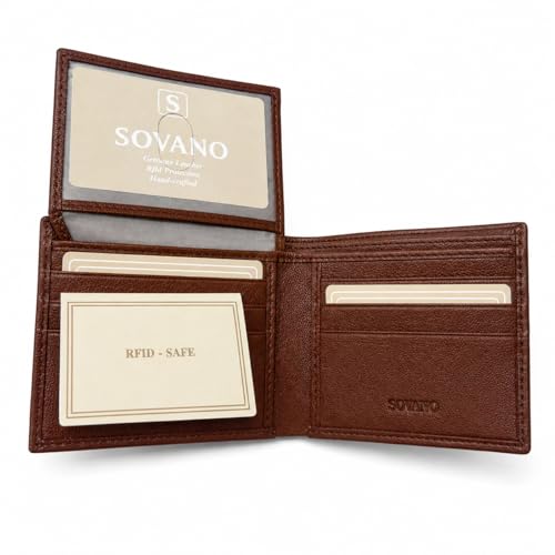 Image of SOVANO Genuine Leather Wallets for Man Original Bi Fold Slim Mens Wallets Design with RFID Protection ID Window Easy Access 6 Card Slots 2 Hidden Pockets Compact Gift for Men (Tan)