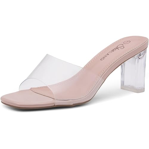 Shoe Land SL-Jolene Womens Clear Heels Dress Clear Sandals Open Toe Low Heels Slip On Clear Slides Black Gold Nude Heels Block Chunky Heeled Sandals for Prom Wedding Party