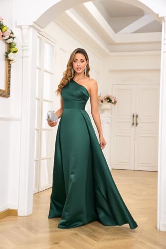 One Shoulder Satin Prom Dresses for Women 2025 A-Line Ruched Long Formal Dresses Evening Gown with Overskirt MRX084