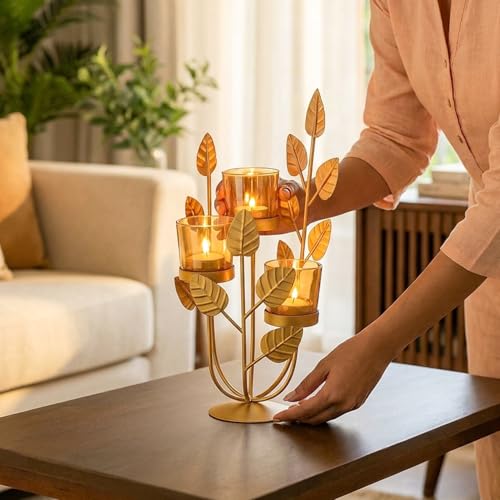 Image of MARKET 99 Metal & Glass 3-Votive Leaf-Shaped T-Light Holder | Romantic Golden Candle Stand for Valentine's Day Decor & Gifts | Decorative Centerpiece for Home, Table, Diwali, Wedding & Festive Use