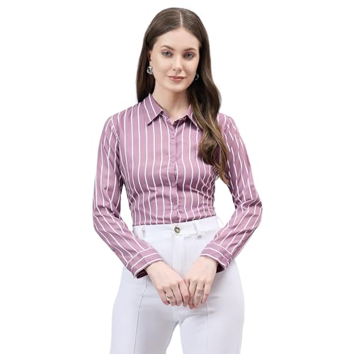 Image of Style Quotient Women Beige White Stripe Printed Formal Shirt