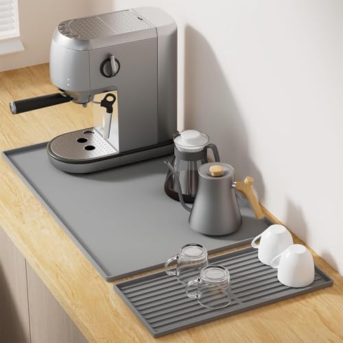 Vyranut Tapete de Café de Silicona 60x40cm con Tapete de Secado 40x19cm y Soporte Magnético para Cápsulas – Antideslizante, Resistente al Calor, para Máquina de Café, Cocina y Coffee Corner (Gris)