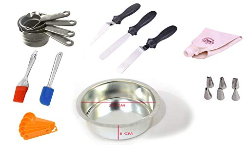 Prime Bakers and Moulders Cake bakeware Set Aluminium Cake Mould 6 inch + icing cloth bag + 6 pcs Nozzles + measuring spoons and cups + cake server + bend angular knife + 1 palette knife + silicone brush and spatula
