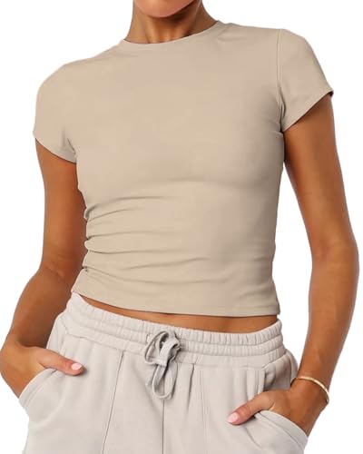 Women's Basic Summer Short Sleeve Crewneck T-Shirts Y2K Cute Going Out Tops Baby Tee(Beige,Small)