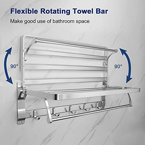 Nearmoon Bathroom Towel Rack, Foldable Double Towel Holder With Towel Bar And 5 Hooks For Bathroom/Kitchen thumb #3