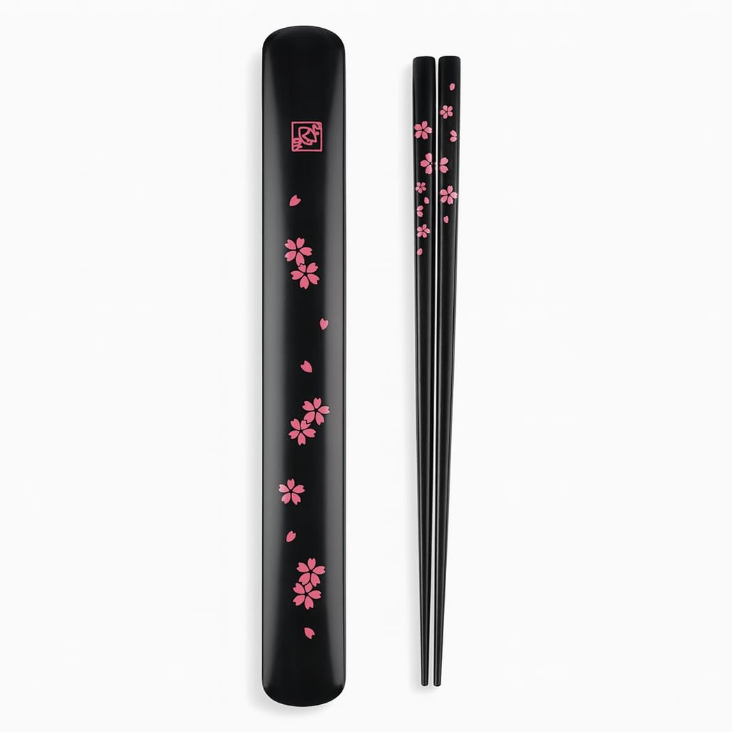 Portable Bamboo Chopsticks with Case – Reusable Travel Chopsticks Utensil Set, Dishwasher Safe, Sakura Pattern, Made in Japan
