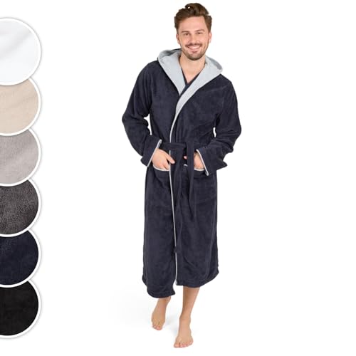 Blumtal Bademantel Herren Baumwolle 100% in S - OEKO-TEX Zert. Morgenmantel Mit Kapuze - Frottee + Velours Saunamantel - Dunkelblau-Blau