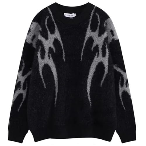 Yimoon Mens Oversized Sweaters Y2K Aesthetic Flame Graphic Crewneck Knitted Casual Pullover Long Sleeve Jumpers