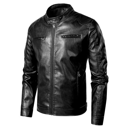 Manteau de moto homme léger similicuir blouson col montant fermeture éclair veste casual noir
