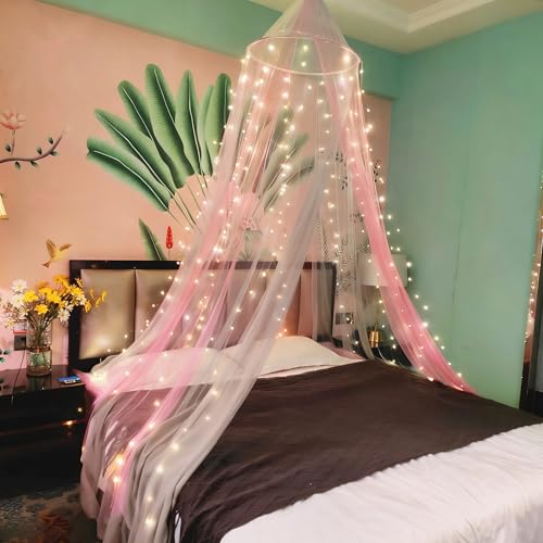 Image of Two-Tone Bed Canopy Mosquito Net, Bed Canopy for Girls Room Decor - Insect Protection Hanging Canopy for Indoor(Pink+Grey,with 250pcs Warm Lights)