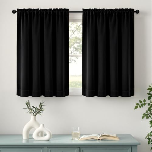 MIULEE Black Short Blackout Curtains for Small Bedroom Window 36 Inches Long 2 Panels Room Darkening Drapes for Kitchen Cafe Rv Basement Solid Rod Pocket Privacy Tiers for Bathroom Half Window