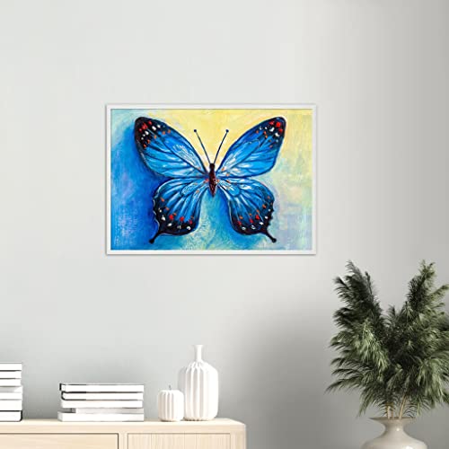 Cadre papillon bleu 50x70 cm blanc pour décorer le salon