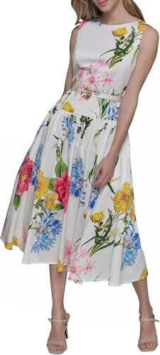 Image of Karl Lagerfeld Women's Sleeveless Boat Neck Drop Waist Belted Midi Dress