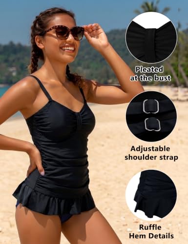 Image of Hilor Women's 50's Retro Ruched Tankini Swimsuit Top with Ruffle Hem