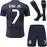 KWFOM Madrid Vini Jr. #7 Away 25/26 Kids Soccer Jersey Kit with Shorts/Socks Set Youth Sizes (Blue, 20)