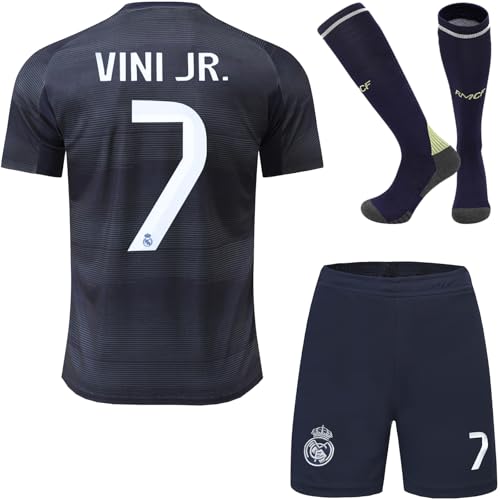 KWFOM Madrid Vini Jr. #7 Away 25/26 Kids Soccer Jersey Kit with Shorts/Socks Set Youth Sizes (Blue, 24)