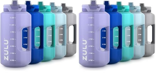 Image of ZULU Goals 128oz Half Gallon Plastic Water Bottle with Straw & Time Marker | Large Reusable Jug with Handle and Leak Proof Lid for All Day Hydration, Gym and Outdoors, Gift Ready, Violet (Pack of 2)