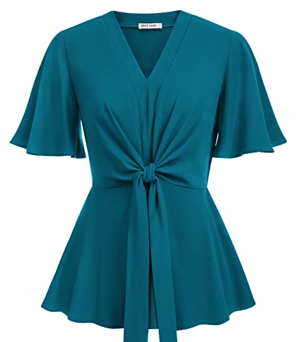 Image of GRACE KARIN Women's Elegant V-Neck Tie Waist Flowy Peplum Shirt Tops
