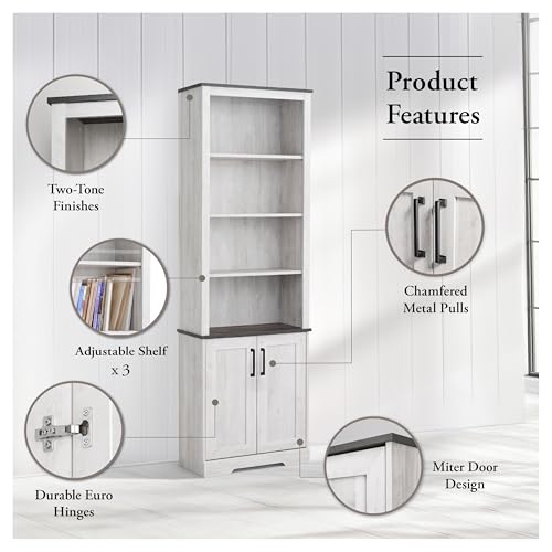 Image of Prepac Rustic Ridge Bookcase with Doors, Washed White Storage Cabinet with Doors and Shelves, Accent Cabinet 26 inch W x 79.75 inch H x 12.5 inch D, ASBR-1630-1