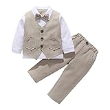 FEESHOW Jungen Anzüge Gentleman Smoking Fliege Hemd Anzugsweste Hose 3tlg Schicker Kleinkind Babykleidung für Taufe Geburtstagsparty Khaki_O 80-86/12-18 Monate