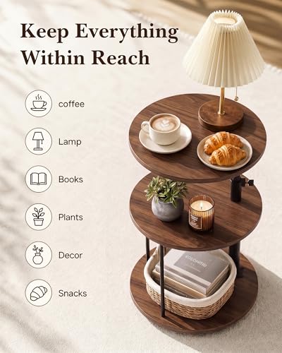 Image of Faesun Swivel Round Table for Couch Arm, Height Adjustable C Shaped End Table for Recliner or Bed, Tv Trays with Storage Shelf for Small Spaces- Small Nightstand for Living Room, Bedroom, Walnut