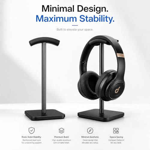Image of Street27 Headphone Stand for Desk - Aluminum Alloy Desktop Headset Holder with Anti-Slip Base | Gaming Headphones Stand for PC, Studio & Office Use (BLACK)