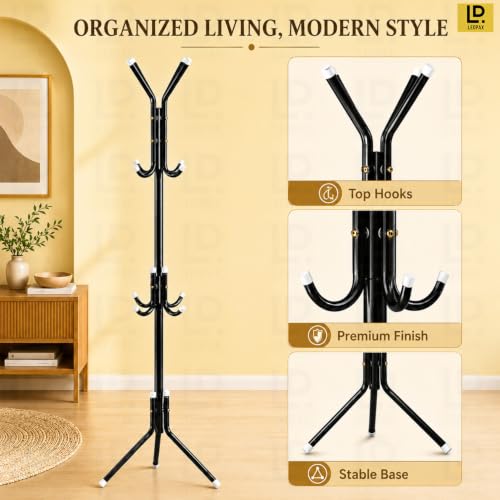 Image of LEOPAX Metal Coat Rack Stand with 12 Hooks, Freestanding Tree Shape Coat Hanger for Clothes, Hats, Bags, Towels & Umbrella, Heavy Duty Floor Standing Clothes Rack for Bedroom & Entryway, Black