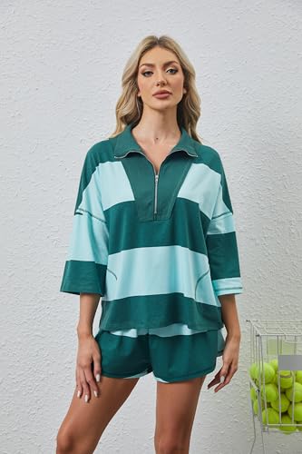 Women Two Piece Workout Short Sets Striped Lounge Set Oversized Half Sleeve Shirt and Shorts Tennis Tracksuit2