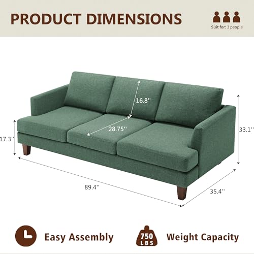 Busaurus 3 Seater Sofa Couch with Deep Seats, 89" Mid Century Modern Upholstered Sofa with Armrests, Comfy Couches for Living Room, Bedroom, Apartment and Office (Green)