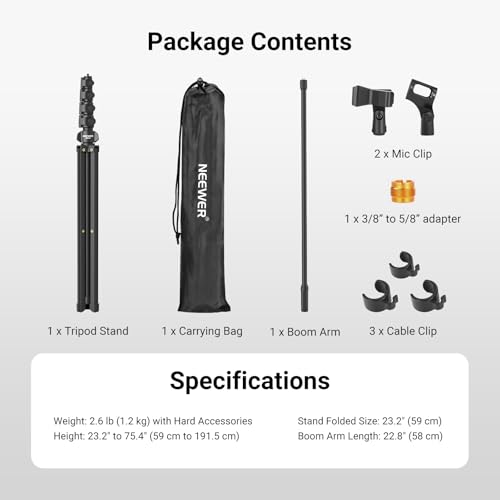 Image of NEEWER Mic Stand Floor, Microphone Tripod with Boom Arm, Heavy Duty Adjustable Stand & Arm with 2 Mic Holder Clamps, 3 Cable Clips, Bag, 3 /8 inch to 5 /8 inch Adapter for Singing Podcast Recording, MS046